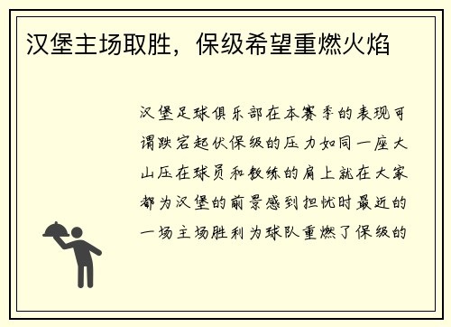 汉堡主场取胜，保级希望重燃火焰