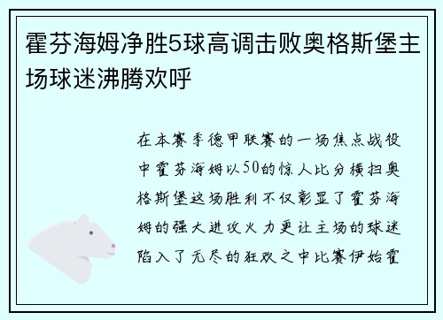 霍芬海姆净胜5球高调击败奥格斯堡主场球迷沸腾欢呼